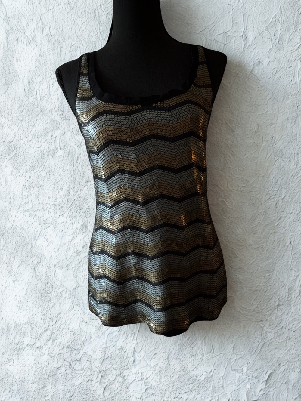 Express Metallic Chevron Sequin Tank Top - Black, Silver & Gold